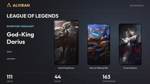LEAGUE OF LEGENDS · Level 111 · God-King Darius, Nunu & Willump Bot, Coven Evelynn