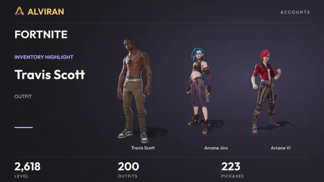 FORTNITE · Level 2618 · Travis Scott, Arcane Jinx, Arcane Vi