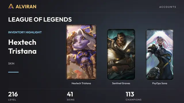 LEAGUE OF LEGENDS · Level 216 · Hextech Tristana, Sentinel Graves, PsyOps Sona