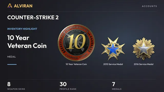 COUNTER-STRIKE 2 · Level 30 · 10 Year Veteran Coin, 2015 Service Medal, 2016 Service Medal