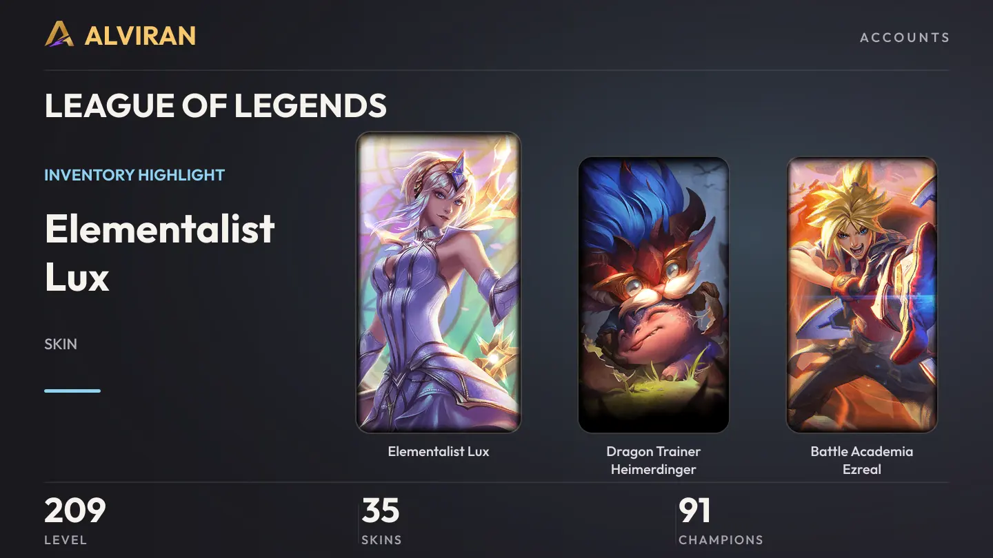 LEAGUE OF LEGENDS · Level 209 · Elementalist Lux, Dragon Trainer Heimerdinger, Battle Academia Ezreal