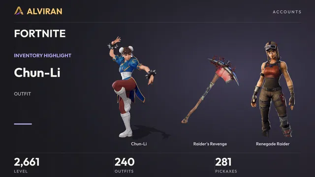 FORTNITE · Level 2661 · Chun-Li, Raider's Revenge, Renegade Raider