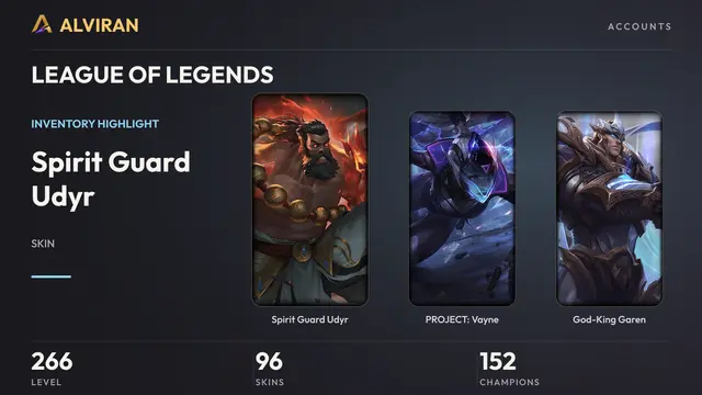LEAGUE OF LEGENDS · Level 266 · Spirit Guard Udyr, PROJECT: Vayne, God-King Garen