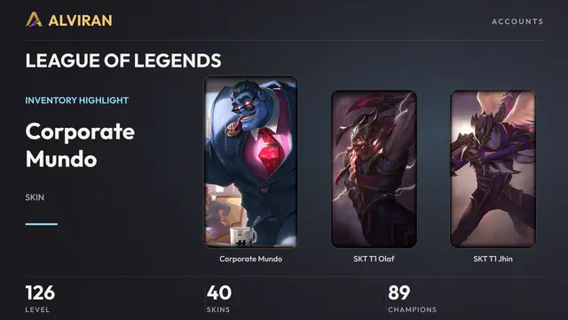 LEAGUE OF LEGENDS · Level 126 · Corporate Mundo, SKT T1 Olaf, SKT T1 Jhin