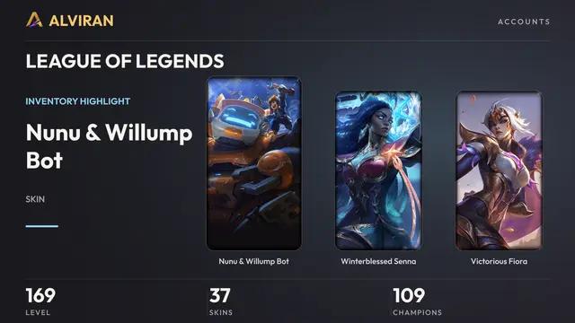 LEAGUE OF LEGENDS · Level 169 · Nunu & Willump Bot, Winterblessed Senna, Victorious Fiora