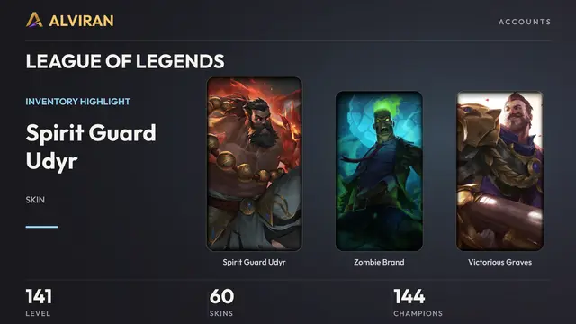 LEAGUE OF LEGENDS · Level 141 · Spirit Guard Udyr, Zombie Brand, Victorious Graves