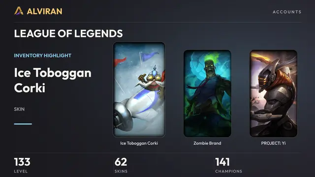 LEAGUE OF LEGENDS · Level 133 · Ice Toboggan Corki, Zombie Brand, PROJECT: Yi