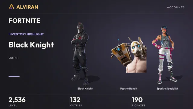 FORTNITE · Level 2536 · Black Knight, Psycho Bandit, Sparkle Specialist