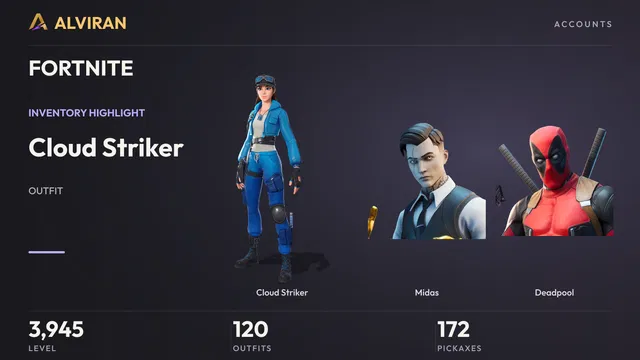 FORTNITE · Level 3945 · Cloud Striker, Midas, Deadpool