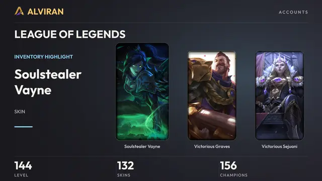 LEAGUE OF LEGENDS · Level 144 · Soulstealer Vayne, Victorious Graves, Victorious Sejuani