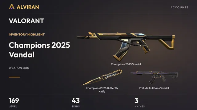 VALORANT · Level 169 · Champions 2025 Vandal, Champions 2025 Butterfly Knife · Melee, Prelude to Chaos Vandal