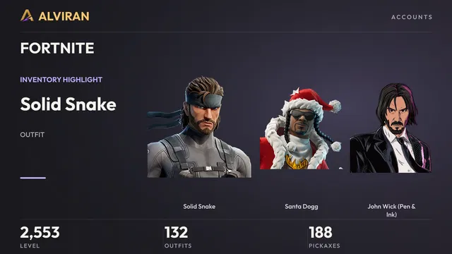 FORTNITE · Level 2553 · Solid Snake, Santa Dogg, John Wick (Pen & Ink)
