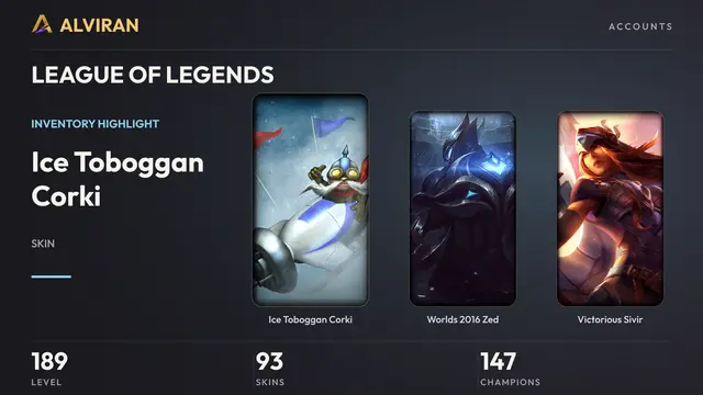LEAGUE OF LEGENDS · Level 189 · Ice Toboggan Corki, Worlds 2016 Zed, Victorious Sivir