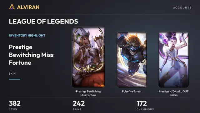 LEAGUE OF LEGENDS · Level 382 · Prestige Bewitching Miss Fortune, Pulsefire Ezreal, Prestige K/DA ALL OUT Kai'Sa