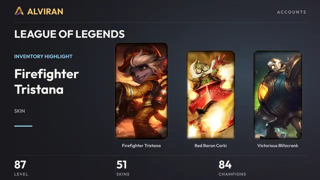 LEAGUE OF LEGENDS · Level 87 · Firefighter Tristana, Red Baron Corki, Victorious Blitzcrank