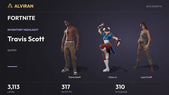 FORTNITE · Level 3113 · Travis Scott, Chun-Li, Lara Croft