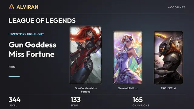 LEAGUE OF LEGENDS · Level 344 · Gun Goddess Miss Fortune, Elementalist Lux, PROJECT: Yi