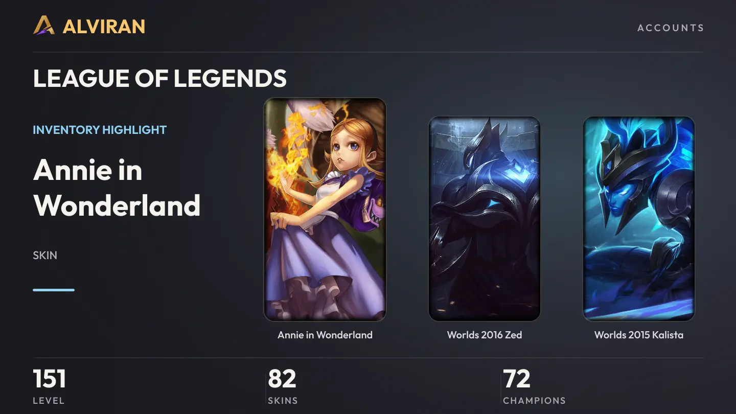 LEAGUE OF LEGENDS · Level 151 · Annie in Wonderland, Worlds 2016 Zed, Worlds 2015 Kalista
