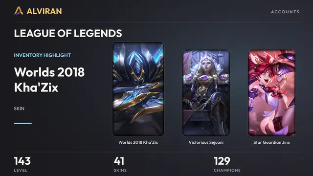 LEAGUE OF LEGENDS · Level 143 · Worlds 2018 Kha'Zix, Victorious Sejuani, Star Guardian Jinx