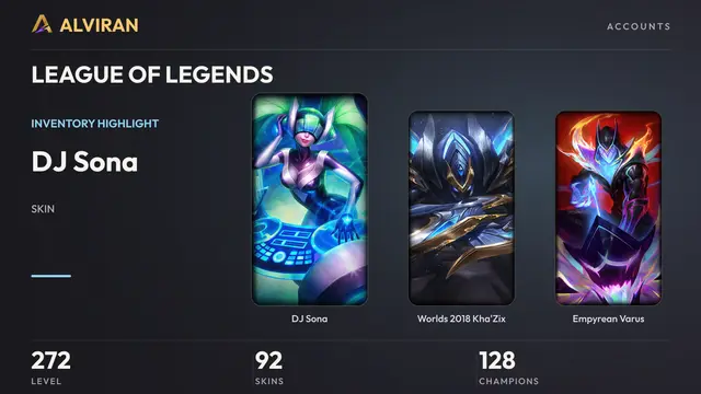 LEAGUE OF LEGENDS · Level 272 · DJ Sona, Worlds 2018 Kha'Zix, Empyrean Varus