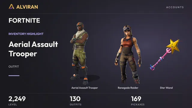 FORTNITE · Level 2249 · Aerial Assault Trooper, Renegade Raider, Star Wand