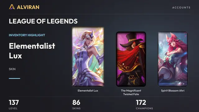 LEAGUE OF LEGENDS · Level 137 · Elementalist Lux, The Magnificent Twisted Fate, Spirit Blossom Ahri