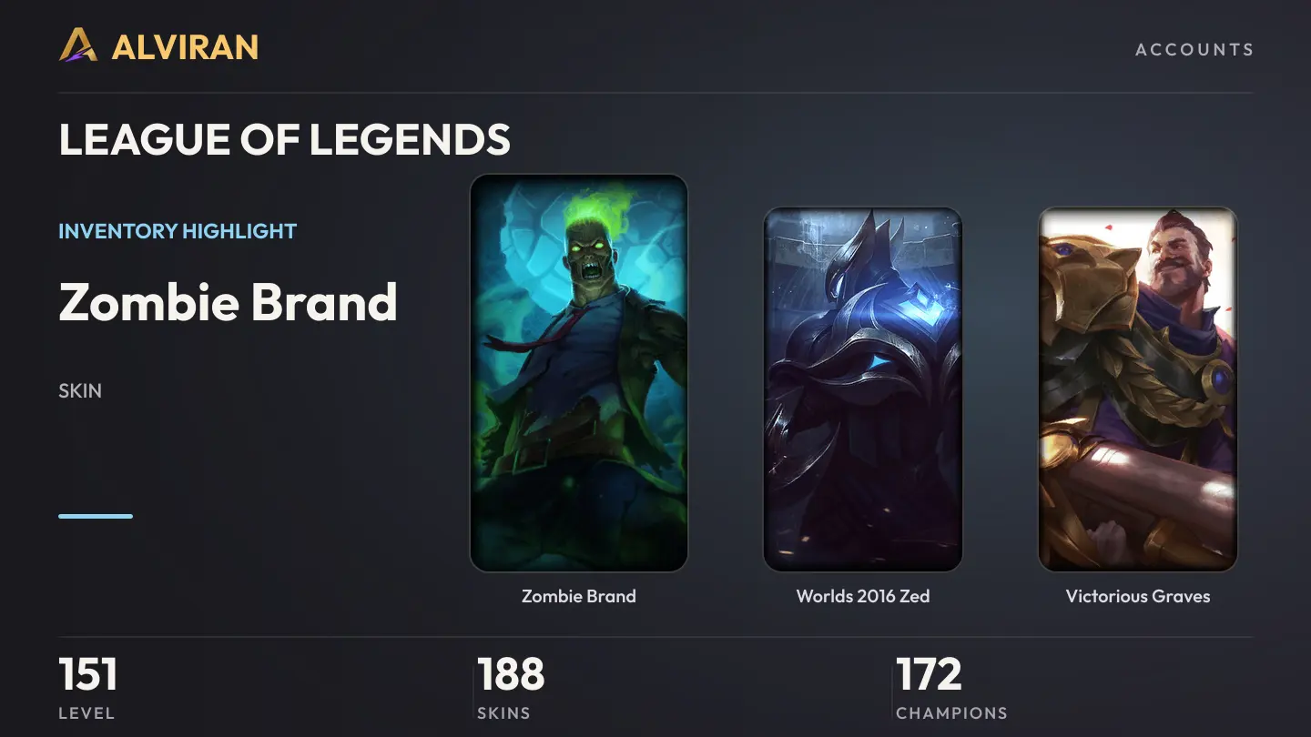 LEAGUE OF LEGENDS · Level 151 · Zombie Brand, Worlds 2016 Zed, Victorious Graves