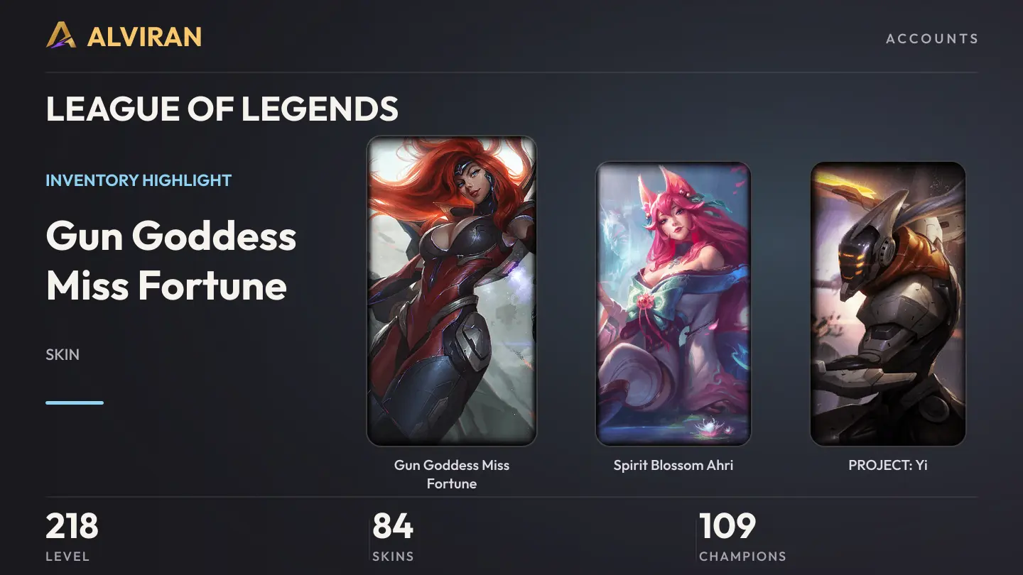 LEAGUE OF LEGENDS · Level 218 · Gun Goddess Miss Fortune, Spirit Blossom Ahri, PROJECT: Yi