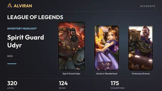 LEAGUE OF LEGENDS · Level 320 · Spirit Guard Udyr, Annie in Wonderland, Victorious Graves