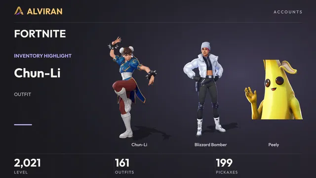FORTNITE · Level 2021 · Chun-Li, Blizzard Bomber, Peely