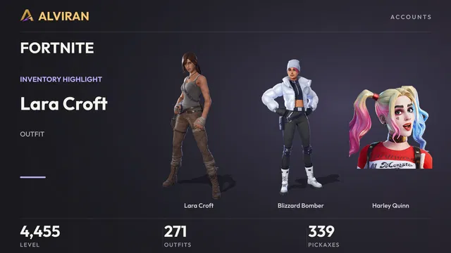 FORTNITE · Level 4455 · Lara Croft, Blizzard Bomber, Harley Quinn