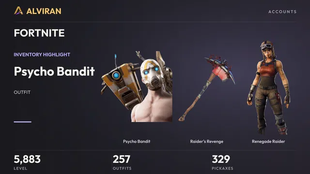 FORTNITE · Level 5883 · Psycho Bandit, Raider's Revenge, Renegade Raider