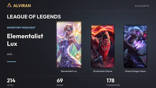 LEAGUE OF LEGENDS · Level 214 · Elementalist Lux, Dunkmaster Darius, Dream Dragon Yasuo