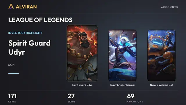 LEAGUE OF LEGENDS · Level 171 · Spirit Guard Udyr, Dawnbringer Soraka, Nunu & Willump Bot
