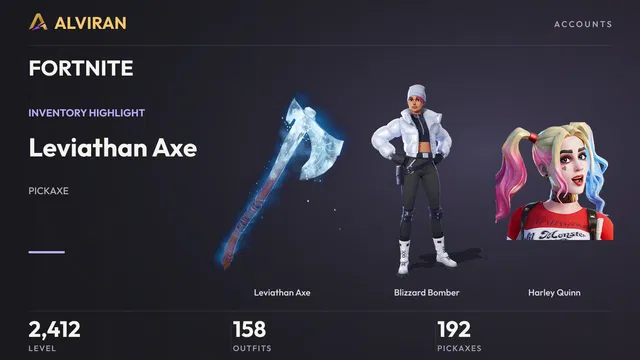 FORTNITE · Level 2412 · Leviathan Axe, Blizzard Bomber, Harley Quinn