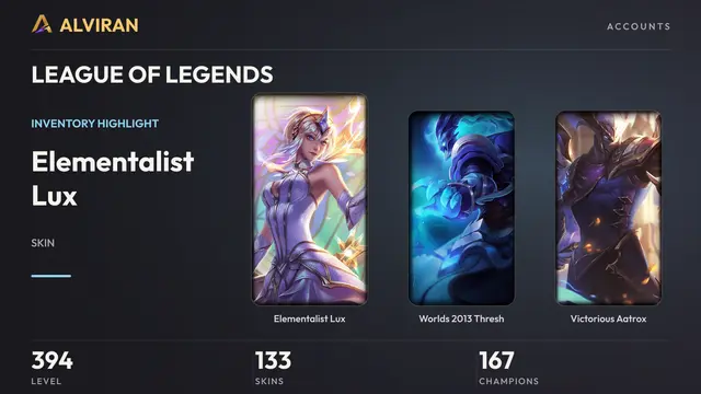 LEAGUE OF LEGENDS · Level 394 · Elementalist Lux, Worlds 2013 Thresh, Victorious Aatrox
