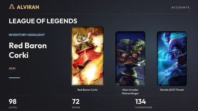 LEAGUE OF LEGENDS · Level 98 · Red Baron Corki, Alien Invader Heimerdinger, Worlds 2013 Thresh