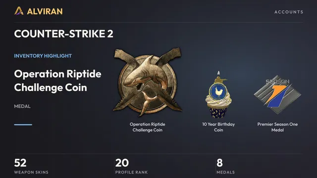 COUNTER-STRIKE 2 · Level 20 · Operation Riptide Challenge Coin, 10 Year Birthday Coin, Premier Season One Medal