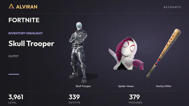 FORTNITE · Level 3961 · Skull Trooper, Spider-Gwen, Harley Hitter