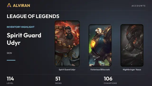 LEAGUE OF LEGENDS · Level 114 · Spirit Guard Udyr, Victorious Blitzcrank, Nightbringer Yasuo
