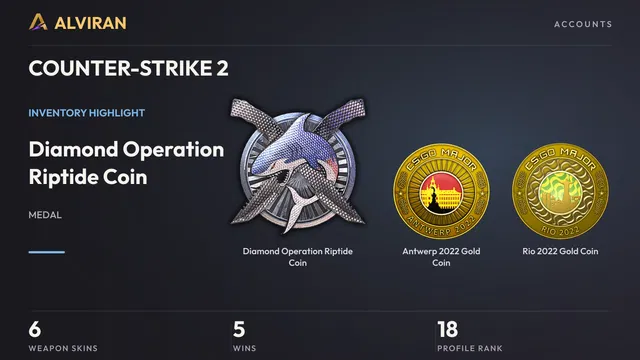 COUNTER-STRIKE 2 · Level 18 · Diamond Operation Riptide Coin, Antwerp 2022 Gold Coin, Rio 2022 Gold Coin