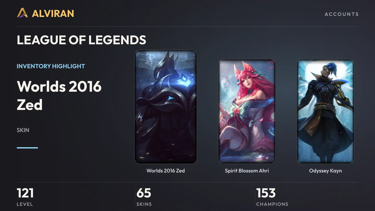 LEAGUE OF LEGENDS · Level 121 · Worlds 2016 Zed, Spirit Blossom Ahri, Odyssey Kayn