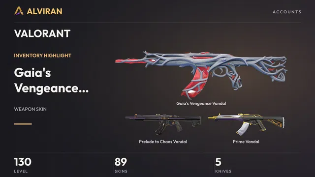 VALORANT · Level 130 · Gaia's Vengeance Vandal, Prelude to Chaos Vandal, Prime Vandal