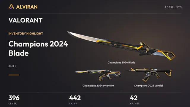 VALORANT · Level 396 · Champions 2024 Blade · Melee, Champions 2024 Phantom, Champions 2025 Vandal