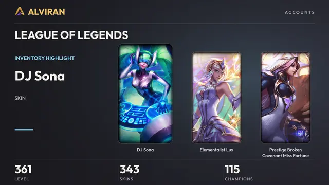 LEAGUE OF LEGENDS · Level 361 · DJ Sona, Elementalist Lux, Prestige Broken Covenant Miss Fortune