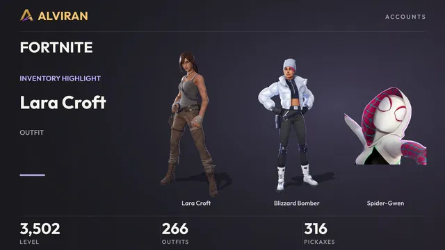 FORTNITE · Level 3502 · Lara Croft, Blizzard Bomber, Spider-Gwen