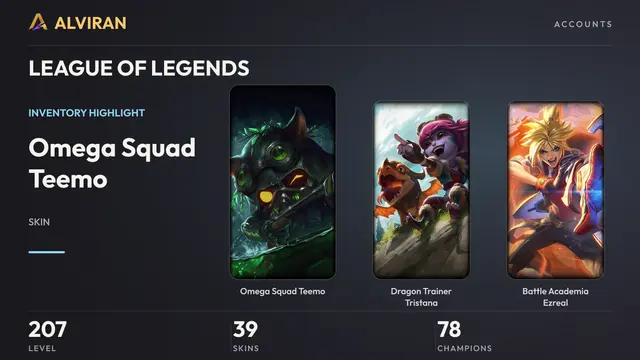 LEAGUE OF LEGENDS · Level 207 · Omega Squad Teemo, Dragon Trainer Tristana, Battle Academia Ezreal