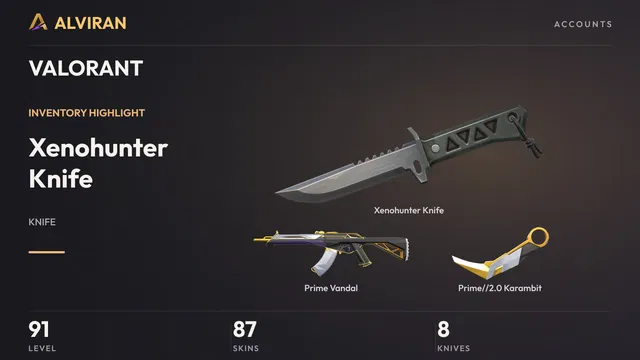 VALORANT · Level 91 · Xenohunter Knife · Melee, Prime Vandal, Prime//2.0 Karambit · Melee