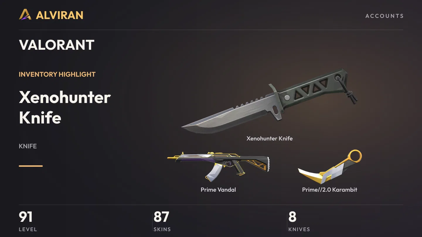 VALORANT · Level 91 · Xenohunter Knife · Melee, Prime Vandal, Prime//2.0 Karambit · Melee
