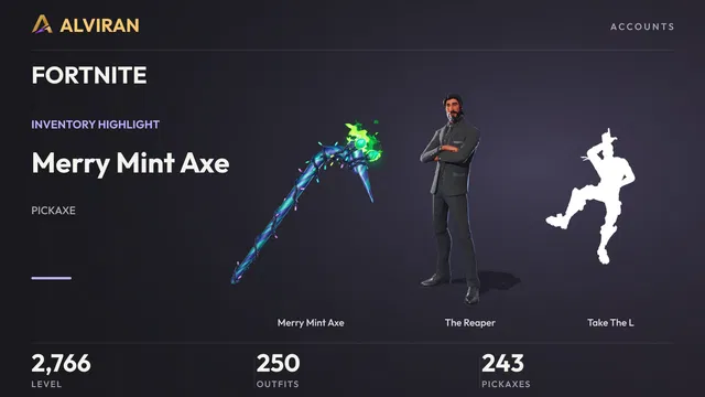 FORTNITE · Level 2766 · Merry Mint Axe, The Reaper, Take The L